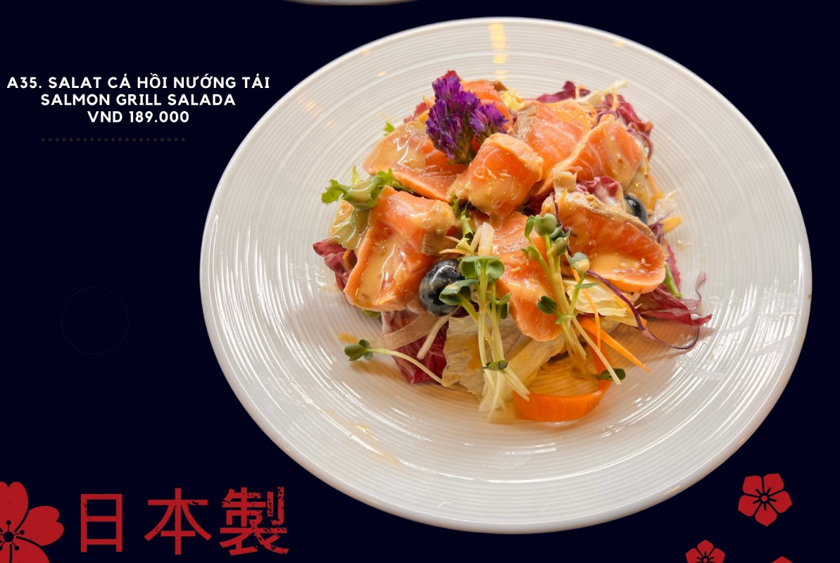 A47. Cá hồi nướng tái với sốt ponzu Salmon Grilled with Ponzu